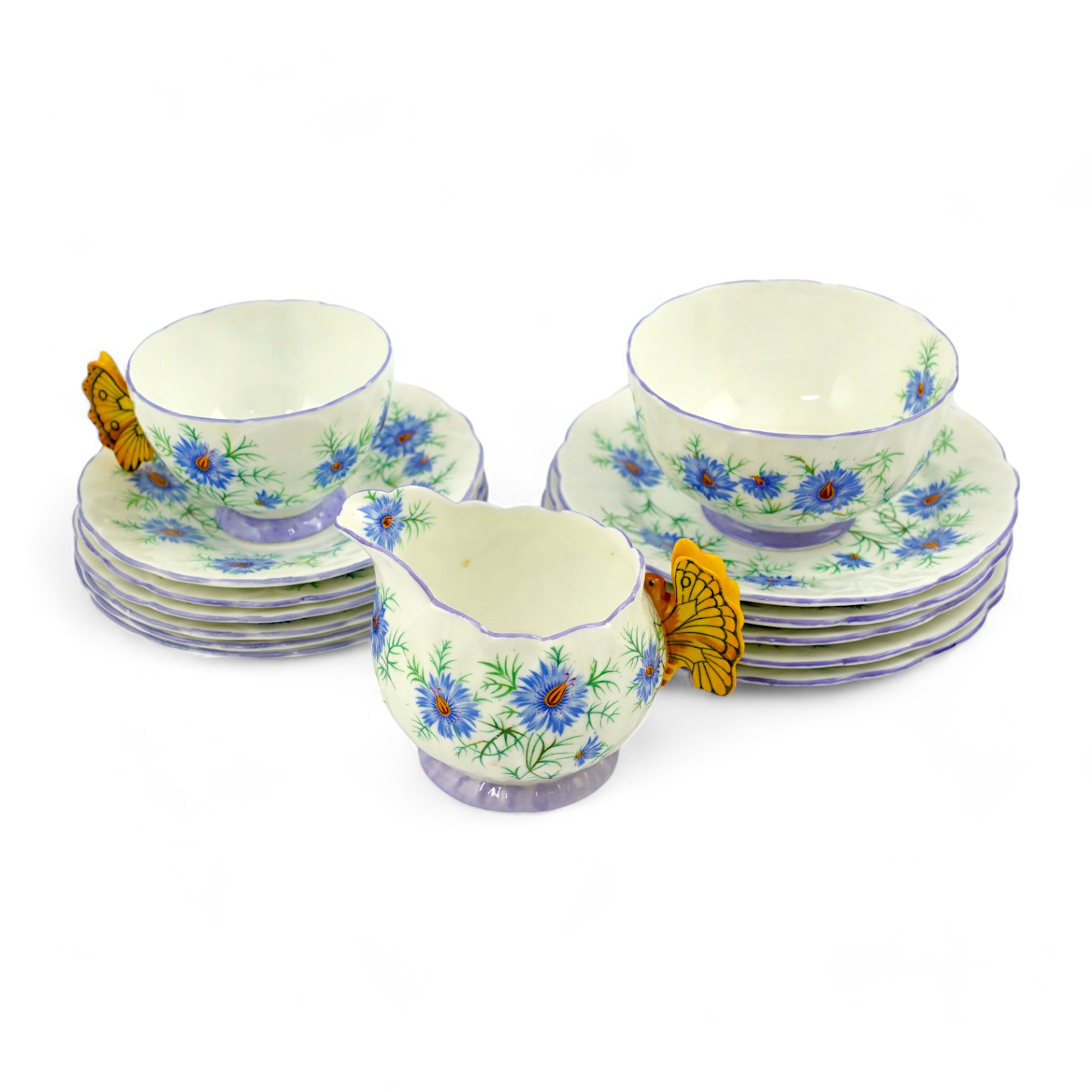 An Art Deco Aynsley cornflower pattern bone china twenty piece part tea set with butterfly handles